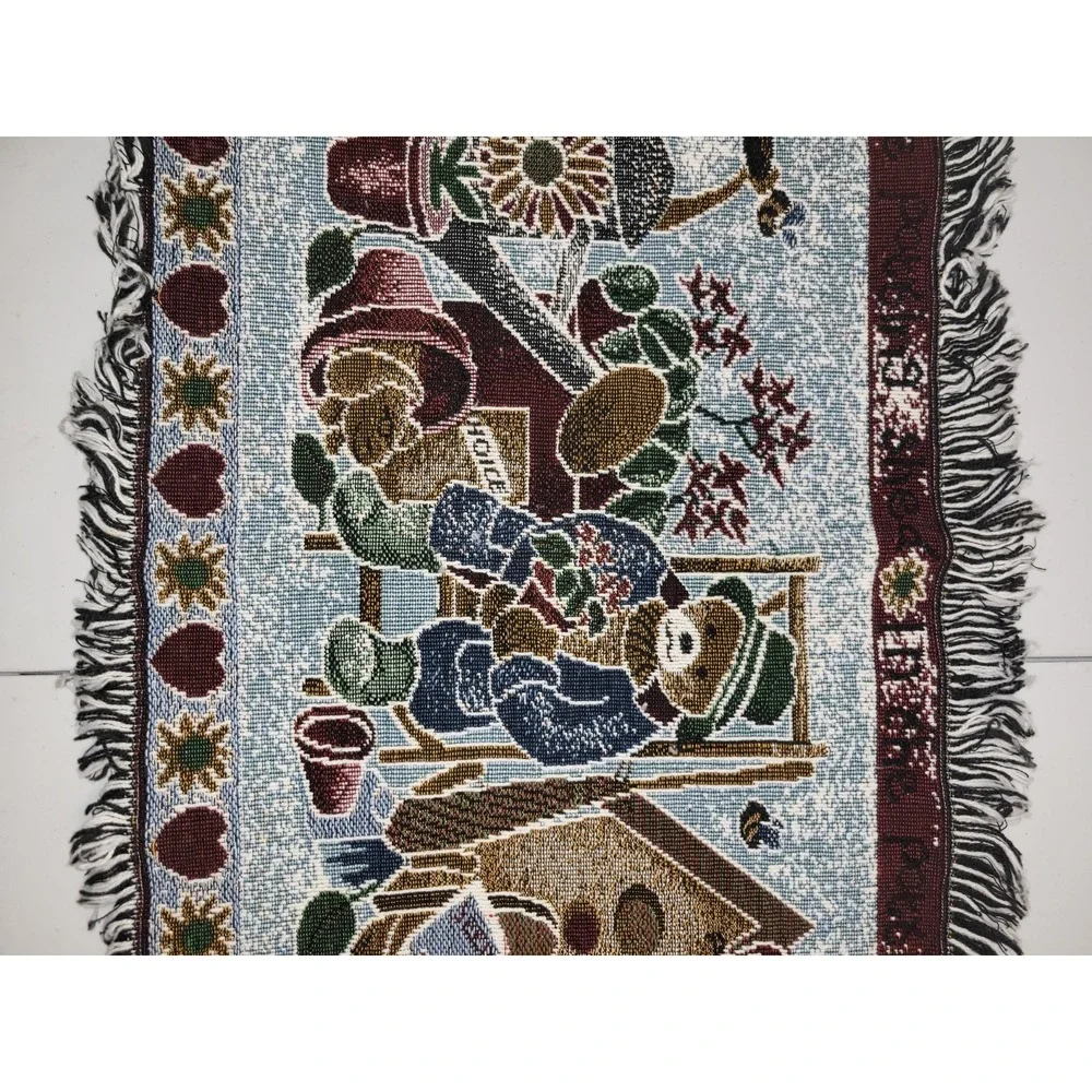 Vintage Tapestry Throw Rug Runner Teddy Bears And Potting Shed 32